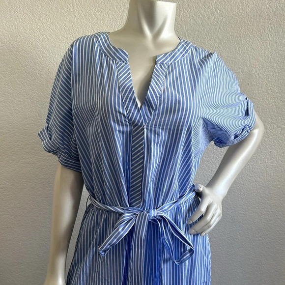 Saks Fifth Avenue Womens Striped Belted A Line Dress Blue White Cotton - Picture 3 of 7